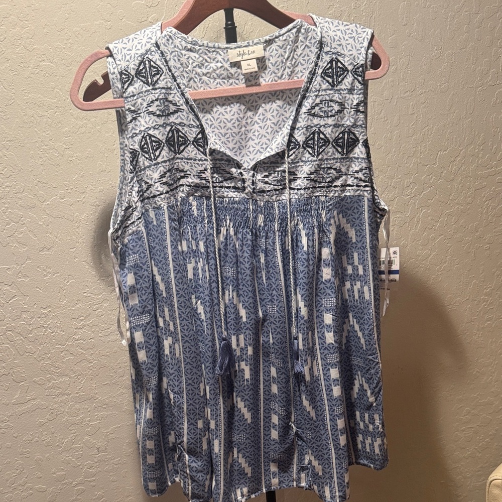 Style & Co. Blue and White Geometric Women's Blouse
